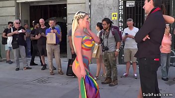 Busty Body Painted Blonde Fucked In Public